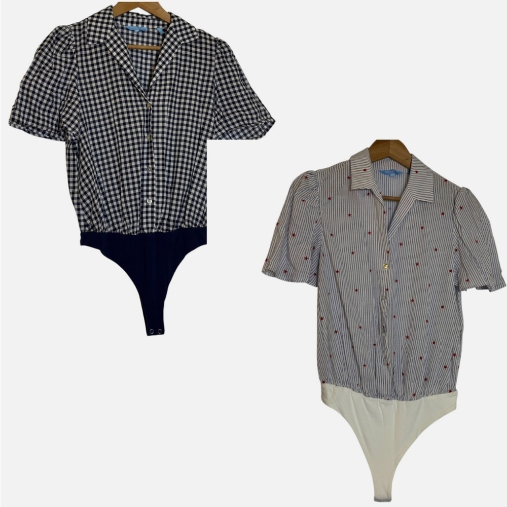 2 Draper James Body Suits Short Sleeve Collared Button Front Preppy Classic Med